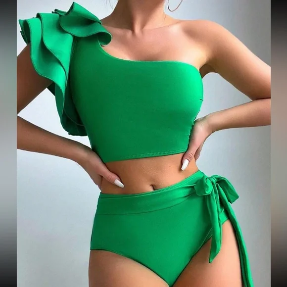 Black Swimsuit Swear wear Ruffle Trim One Shoulder Top High Waist Bottom - Picture 11 of 15